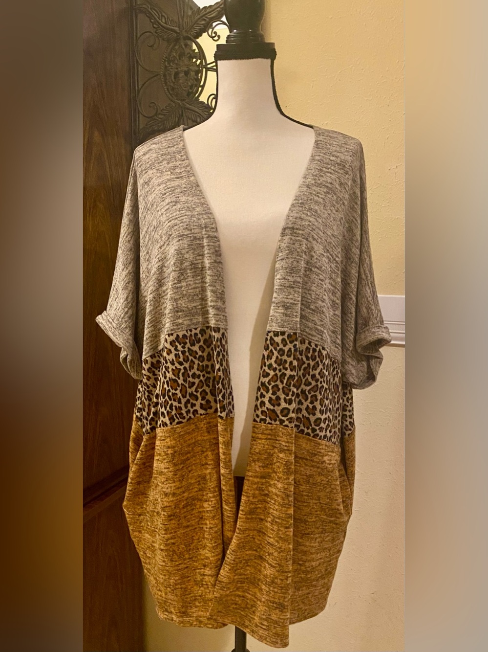 UMGEE Heather Gray, Leopard & Mustard Colorblock Open-Front Cardigan w/ pockets.